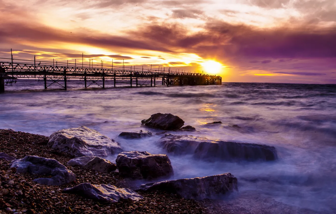 Photo wallpaper sea, landscape, sunset, bridge