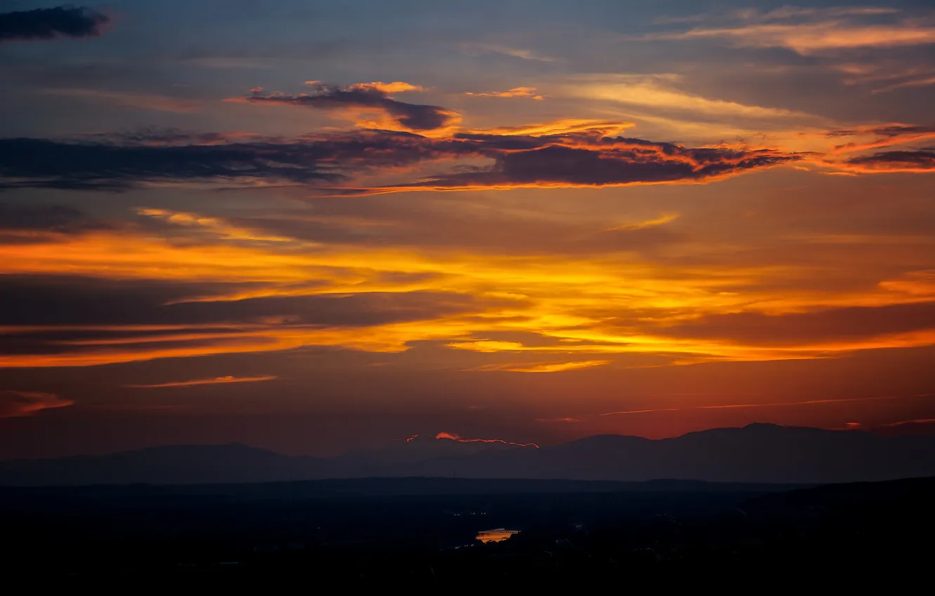 Photo wallpaper clouds, sunset, mountains, lake, silhouette, orange sky
