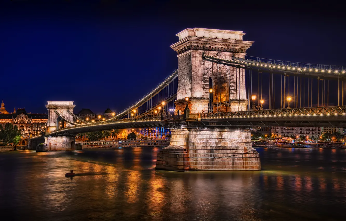 Photo wallpaper night, bridge, lights, river, lights, Bay, budapest, Budapest