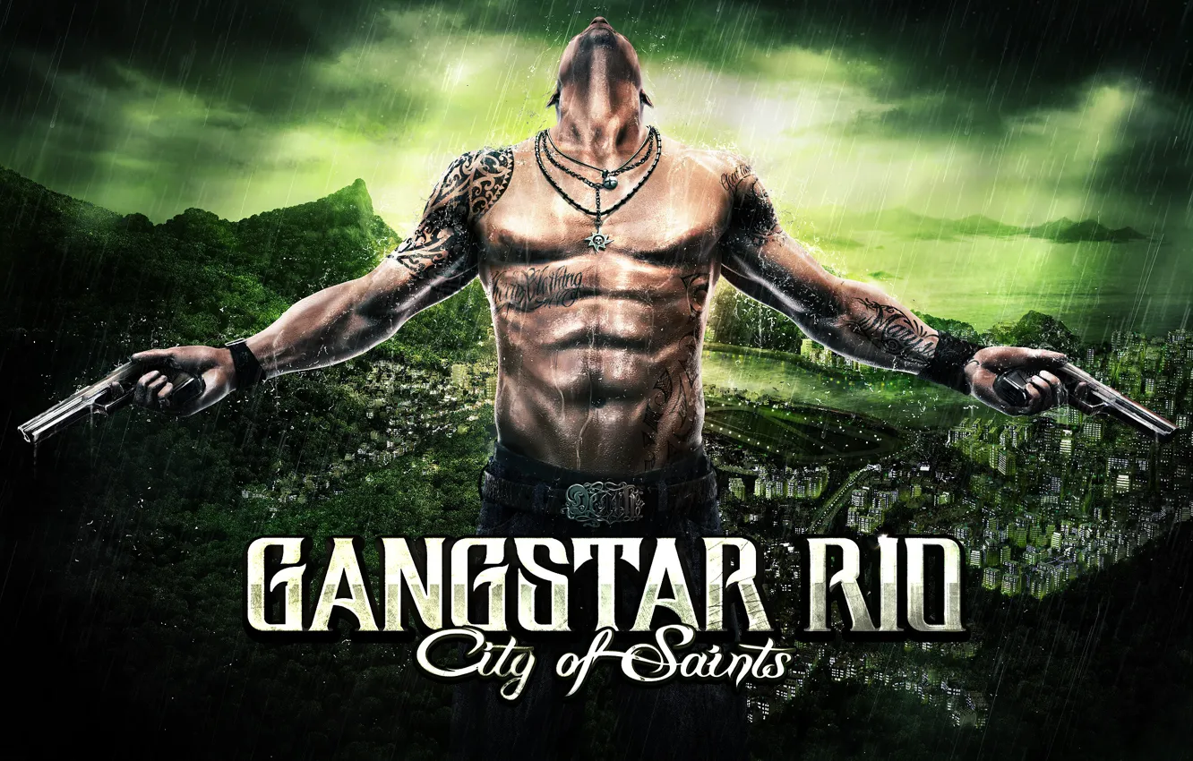 Photo wallpaper rain, guy, torso, green background, Raul, Gangstar Rio: City of Saints