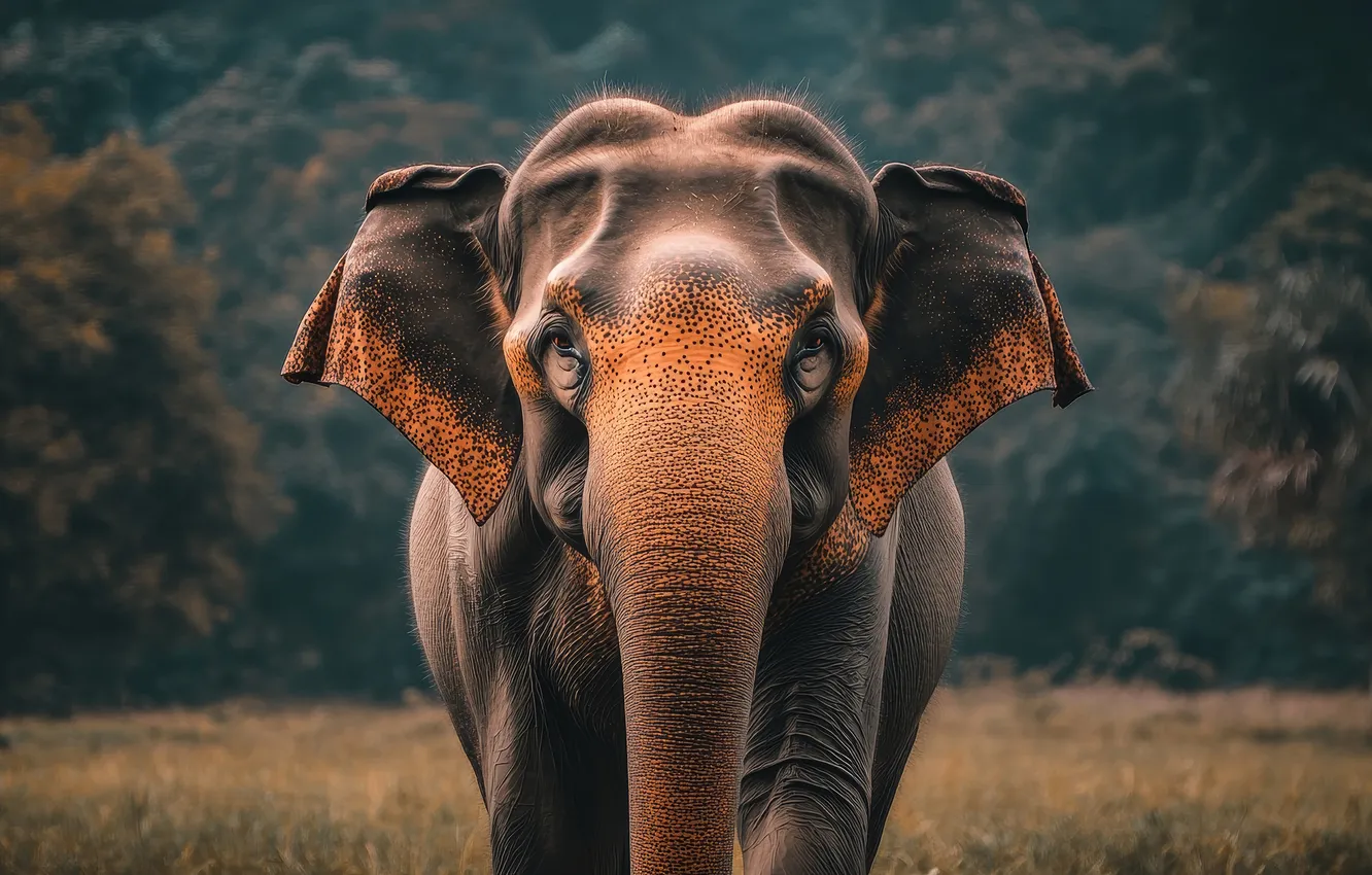 Photo wallpaper field, forest, look, face, nature, elephant, walk, trunk