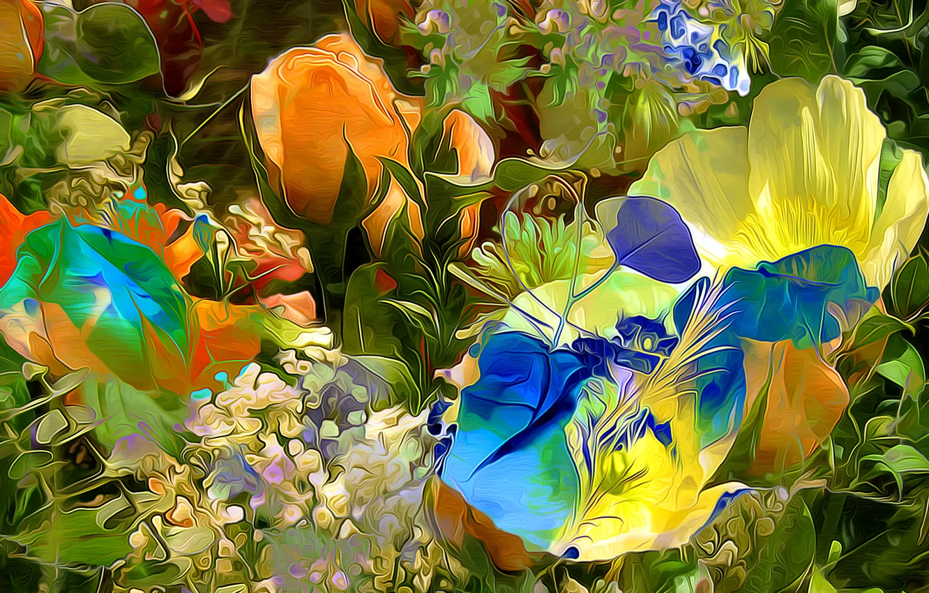 Photo wallpaper line, flowers, paint, petals, meadow, touch