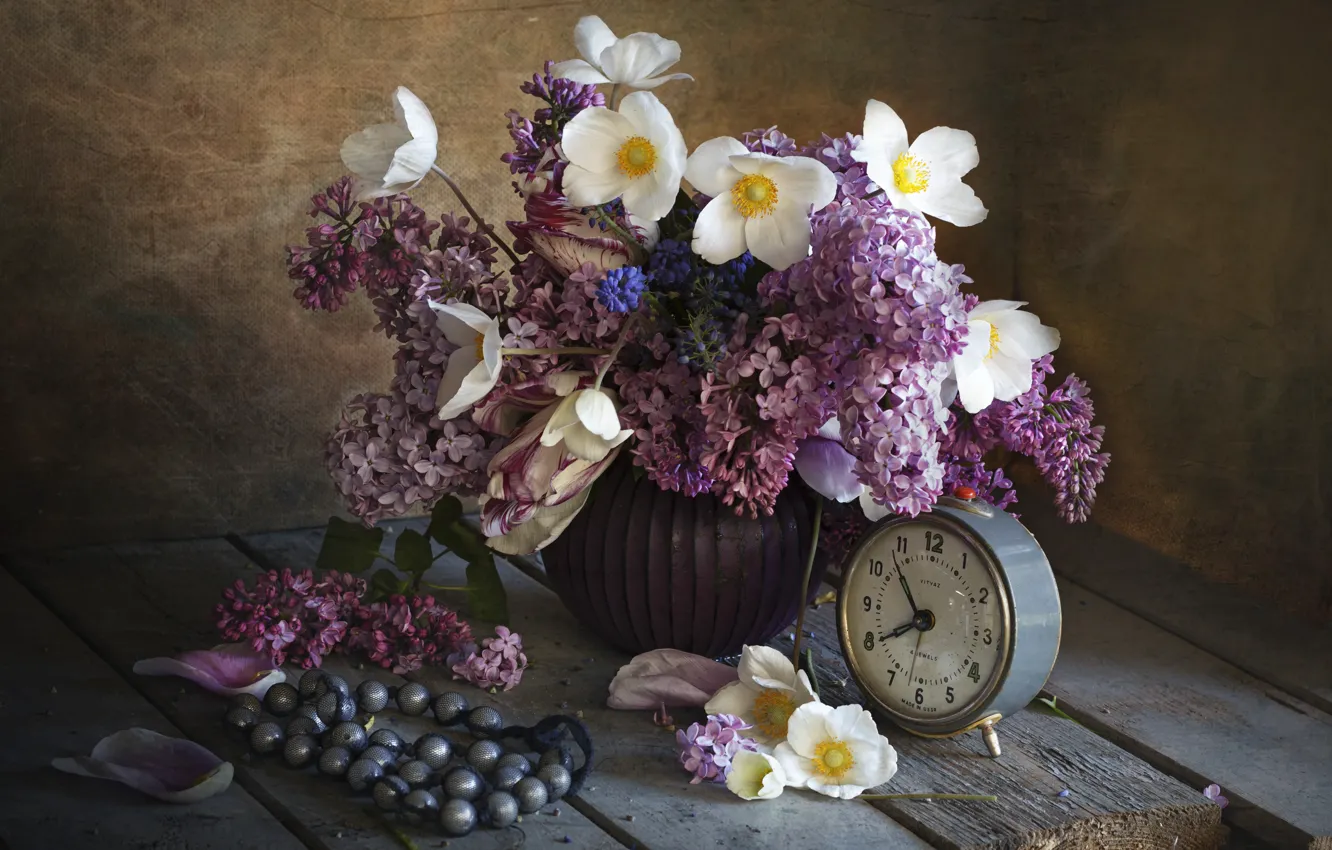 Photo wallpaper flowers, Board, alarm clock, beads, vase, still life, lilac, anemones