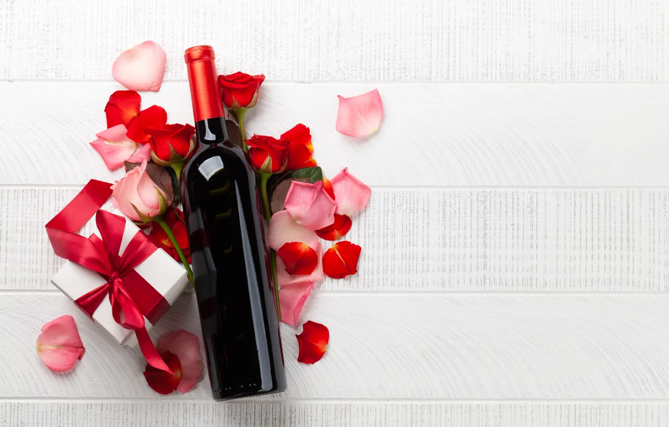 Photo wallpaper love, flowers, gift, wine, romance, bottle, roses, petals