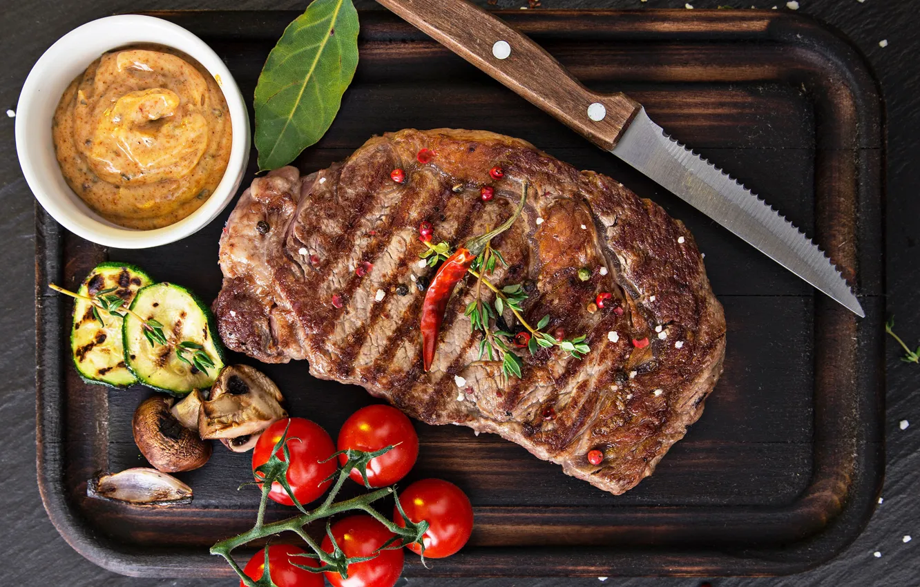Photo wallpaper knife, meat, Board, vegetables, tomatoes, sauce, spices