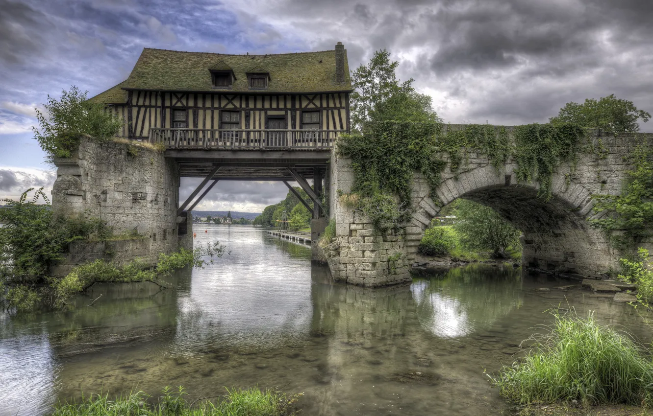 Photo wallpaper bridge, house, river
