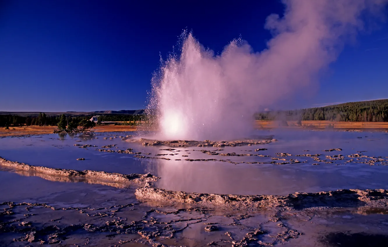 Photo wallpaper forest, the sky, mountains, squirt, geyser