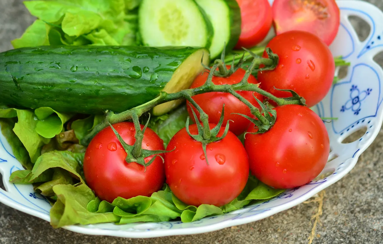 Photo wallpaper vegetables, tomatoes, cucumbers, salad