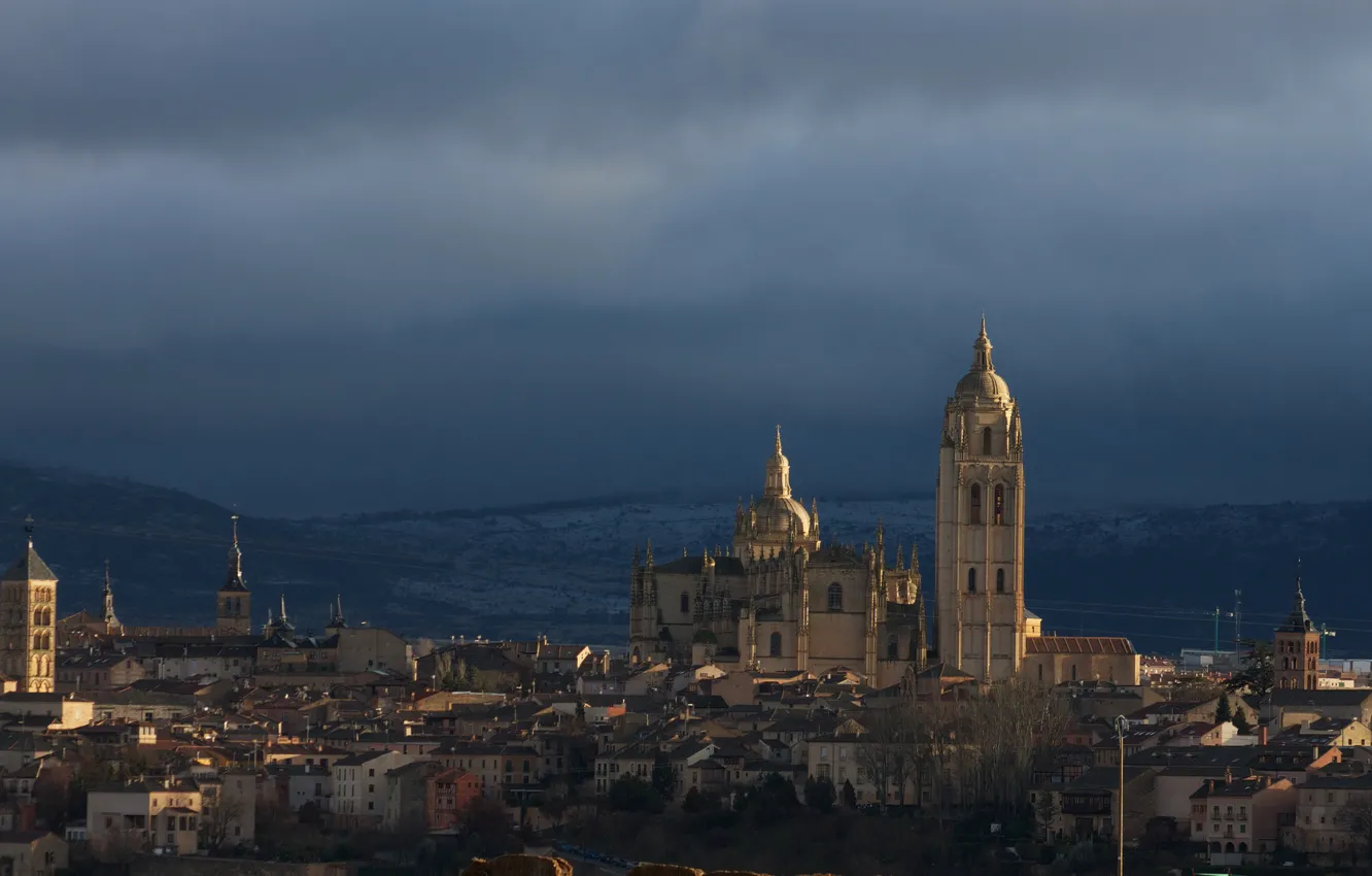 Photo wallpaper the sky, landscape, mountains, clouds, castle, tower, home, Spain