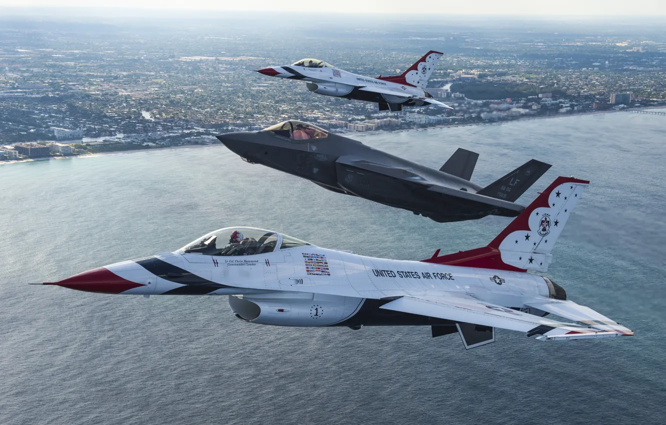 Photo wallpaper sea, flight, the city, fighters, F-16, Thunderbird, F-35A