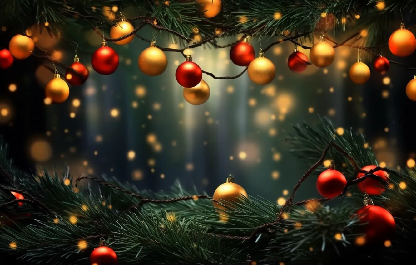 Photo wallpaper decoration, balls, tree, new year, Christmas, red, golden, Christmas