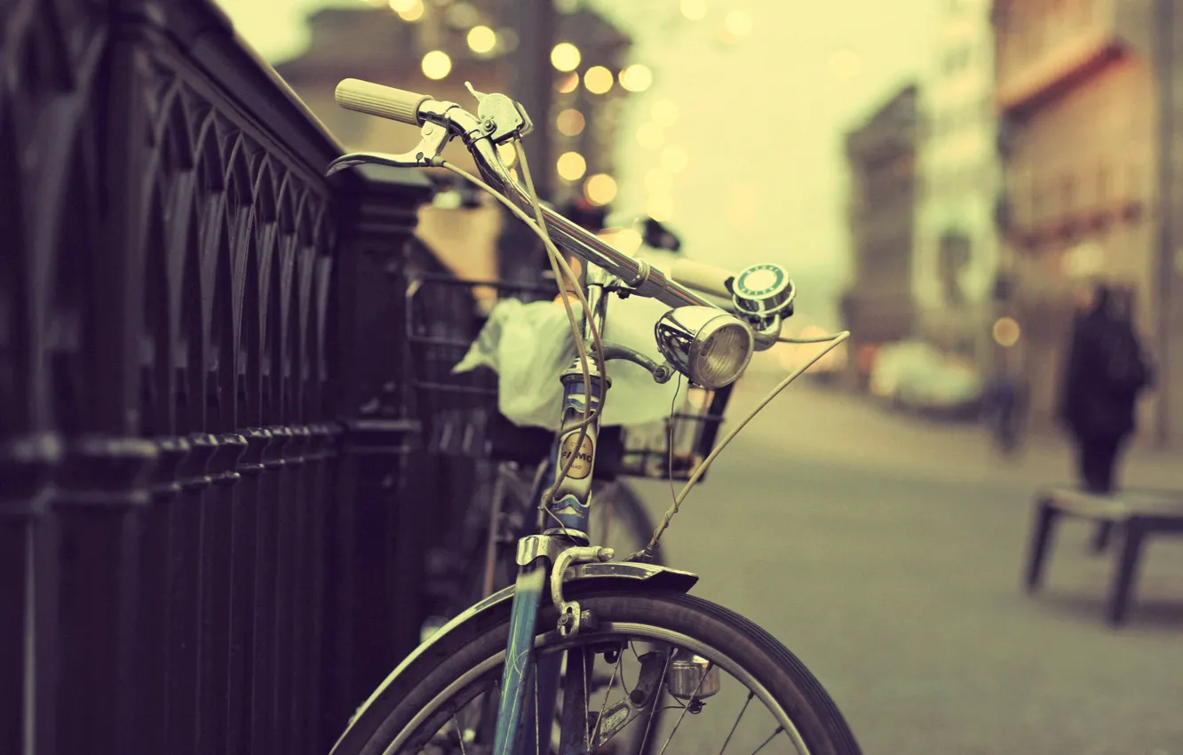 Photo wallpaper bike, the city, lights, people, street, fence, bokeh