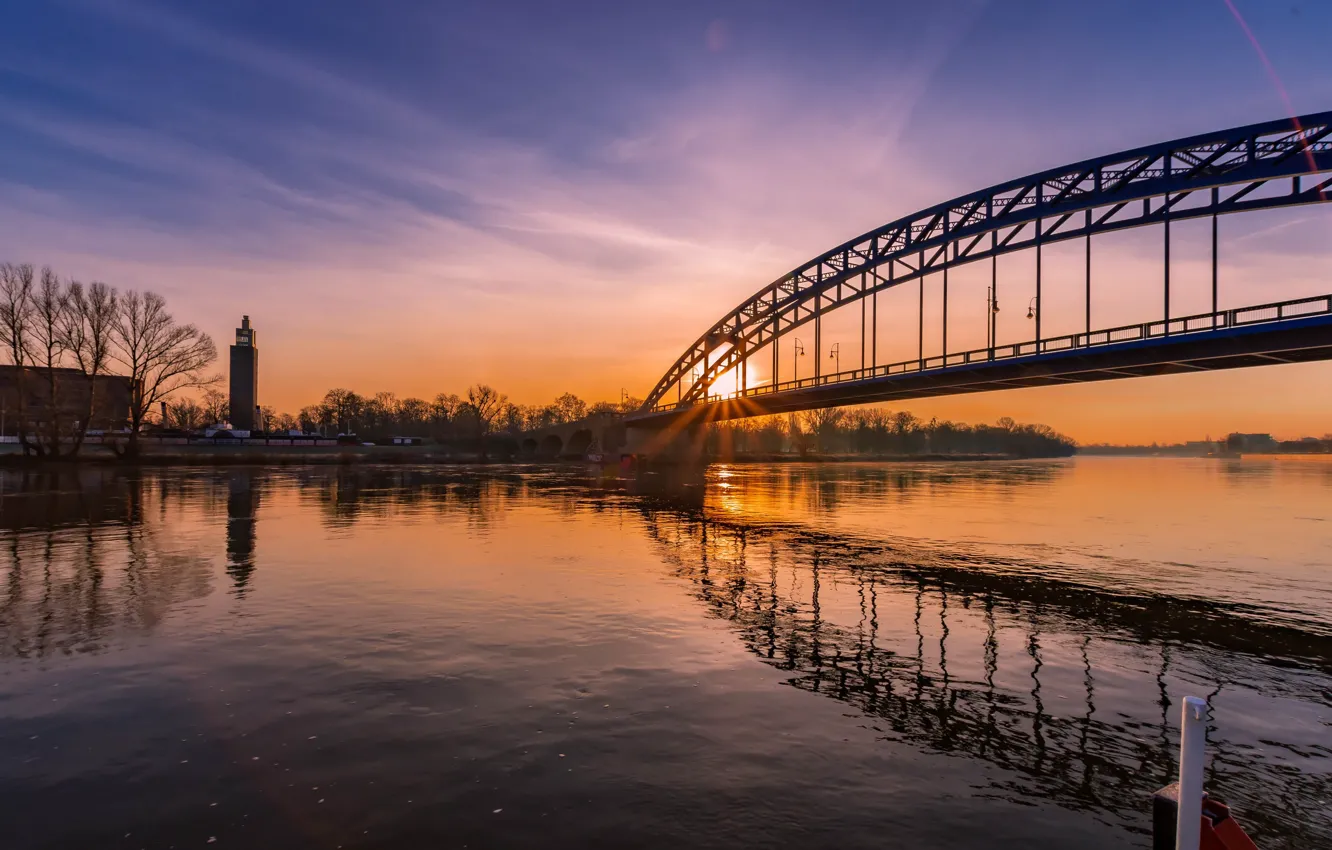 Photo wallpaper sunset, bridge, river