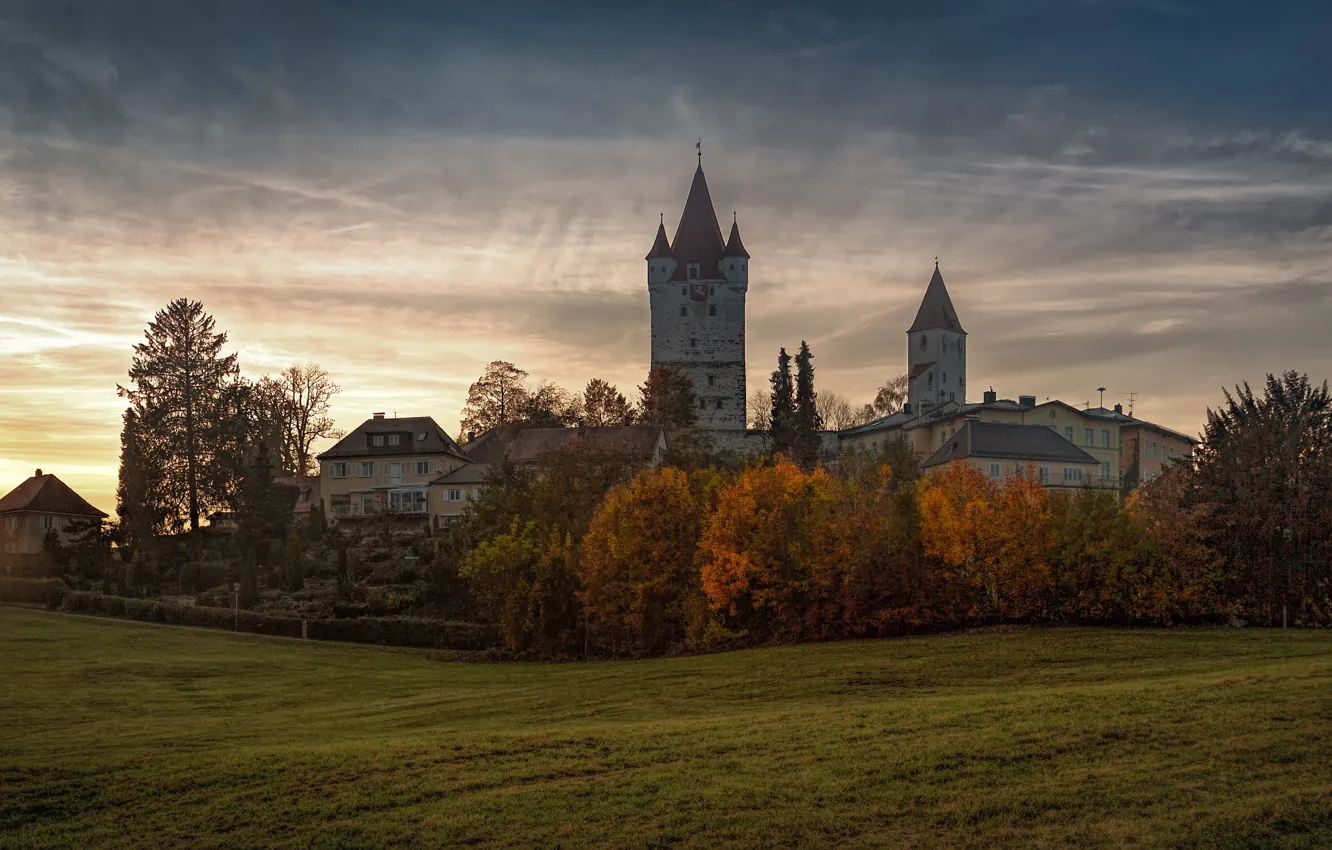 Photo wallpaper field, autumn, the sky, clouds, trees, sunset, castle, dawn