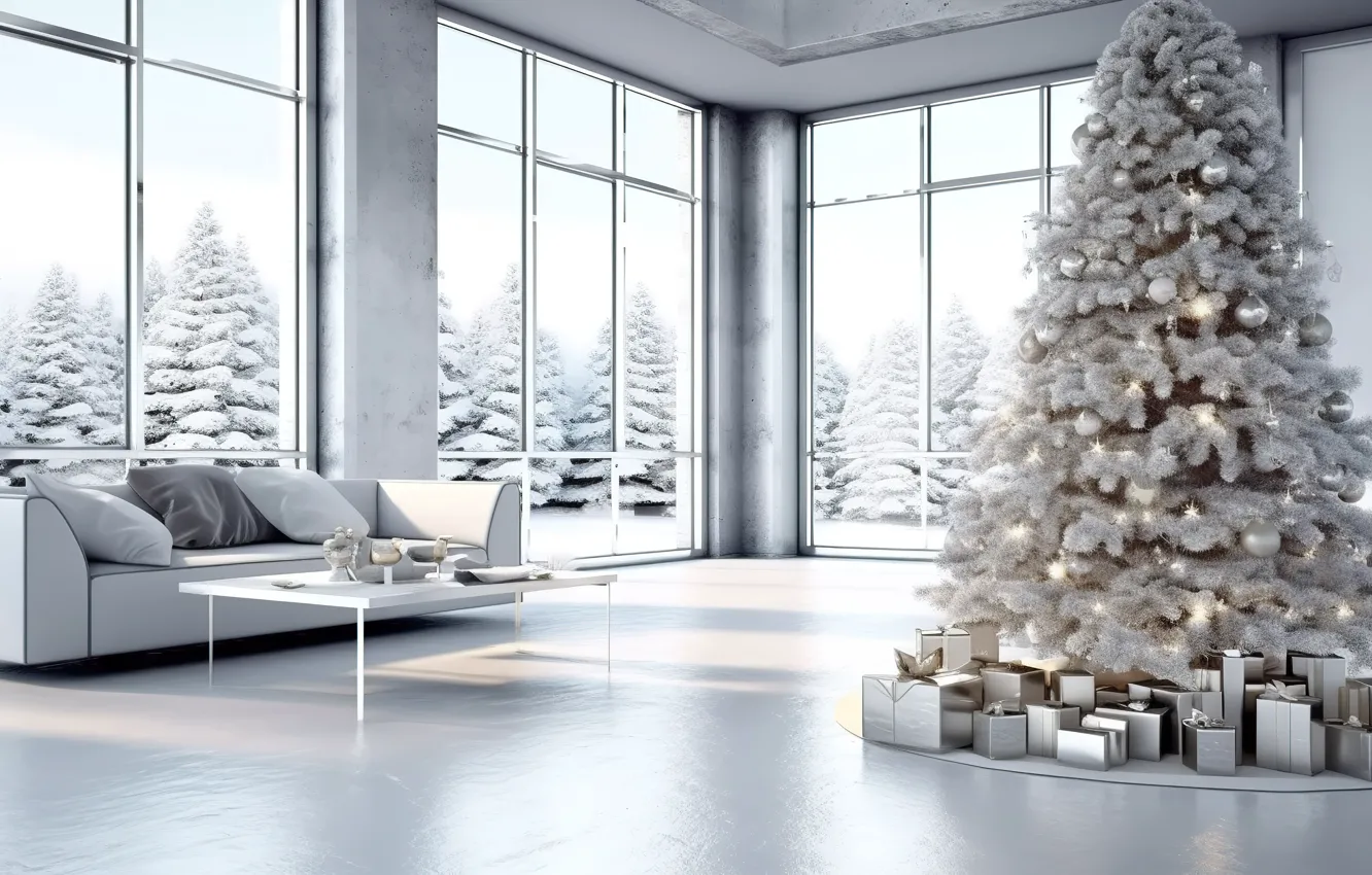 Photo wallpaper winter, decoration, room, balls, tree, interior, New Year, Christmas