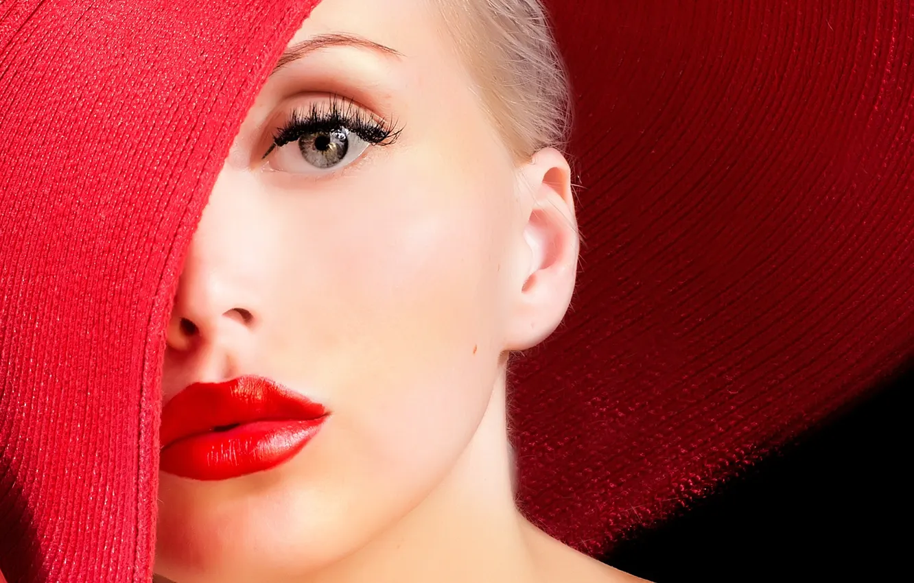 Photo wallpaper look, face, background, model, hat, lipstick, lips, red