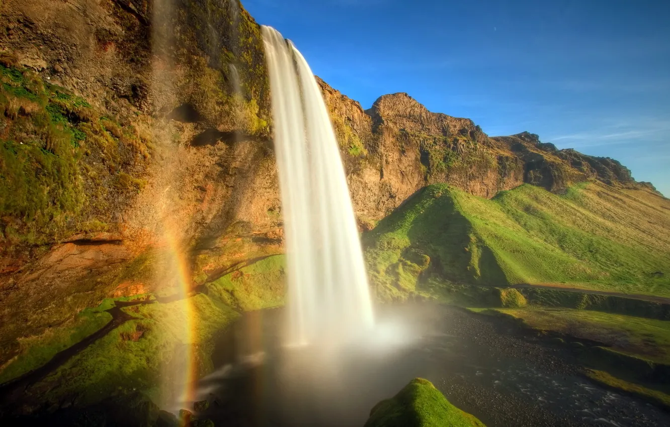 Photo wallpaper summer, landscape, river, waterfall, rainbow