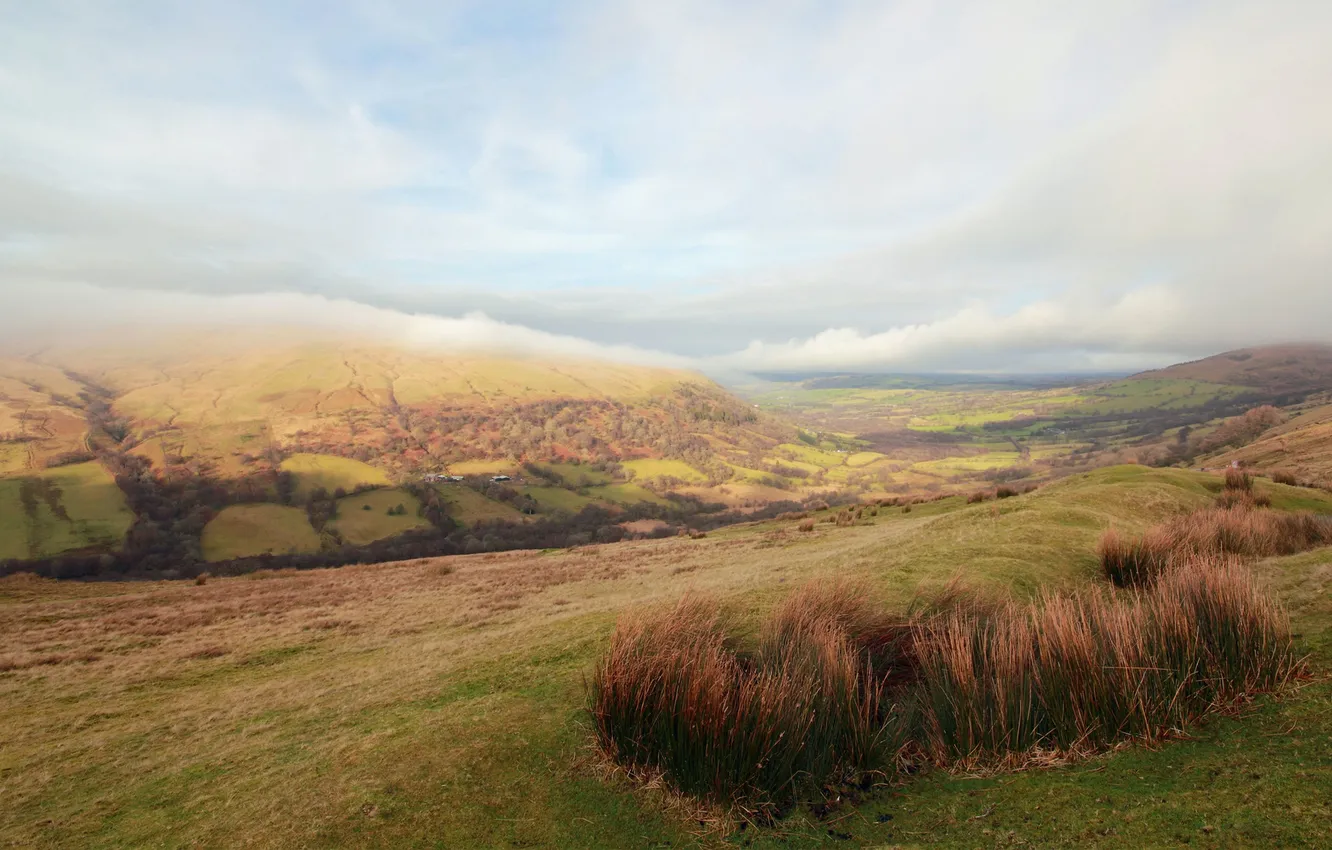 Photo wallpaper grass, clouds, hills, view, valley