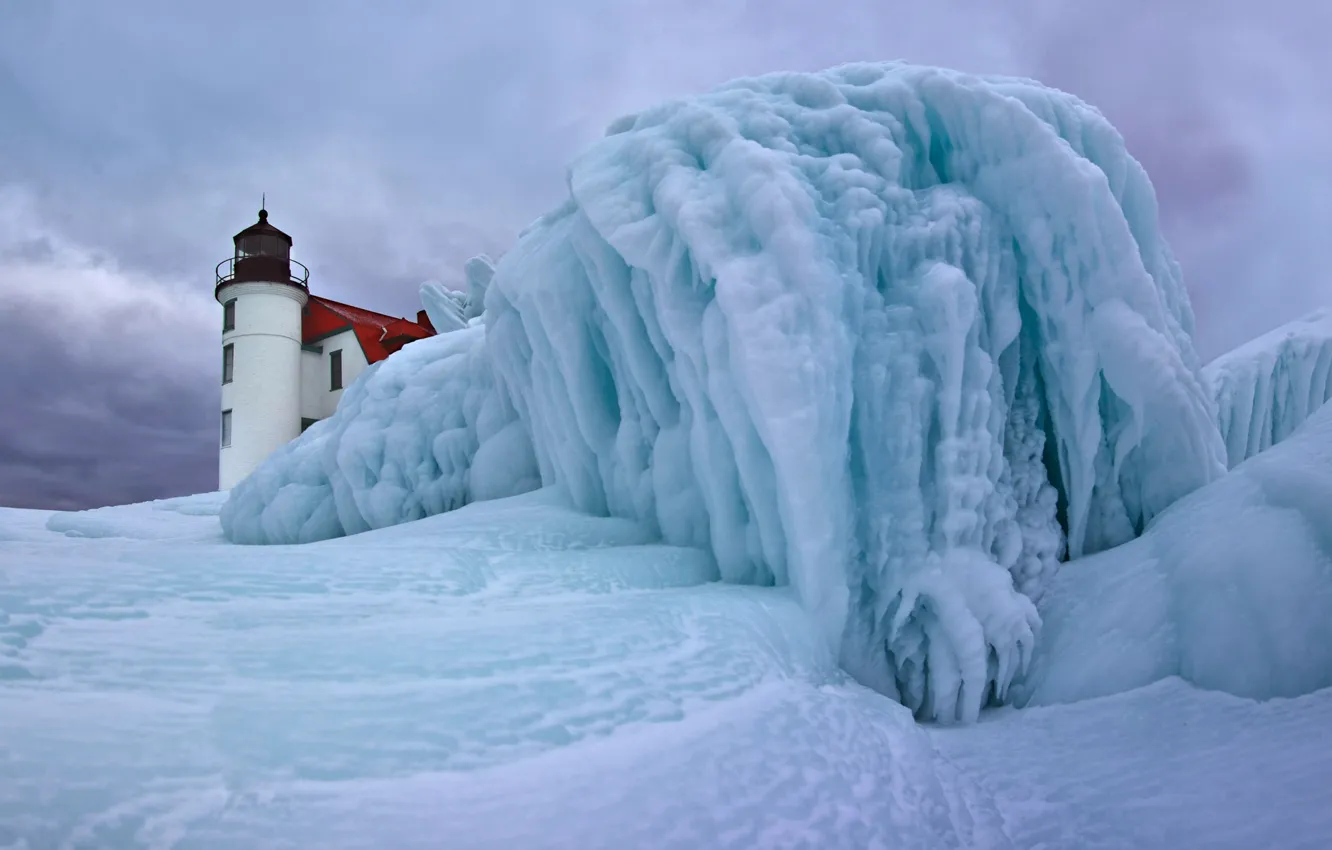 Photo wallpaper USA, lake Michigan, winter, ice, Betsy, lighthouse