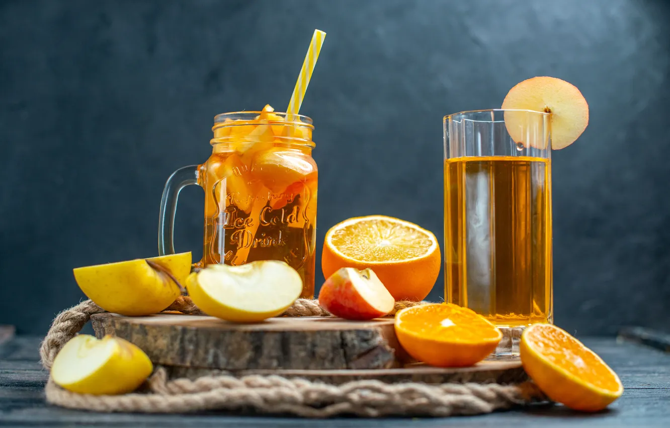 Photo wallpaper cocktail, apples, oranges, cut, wood board