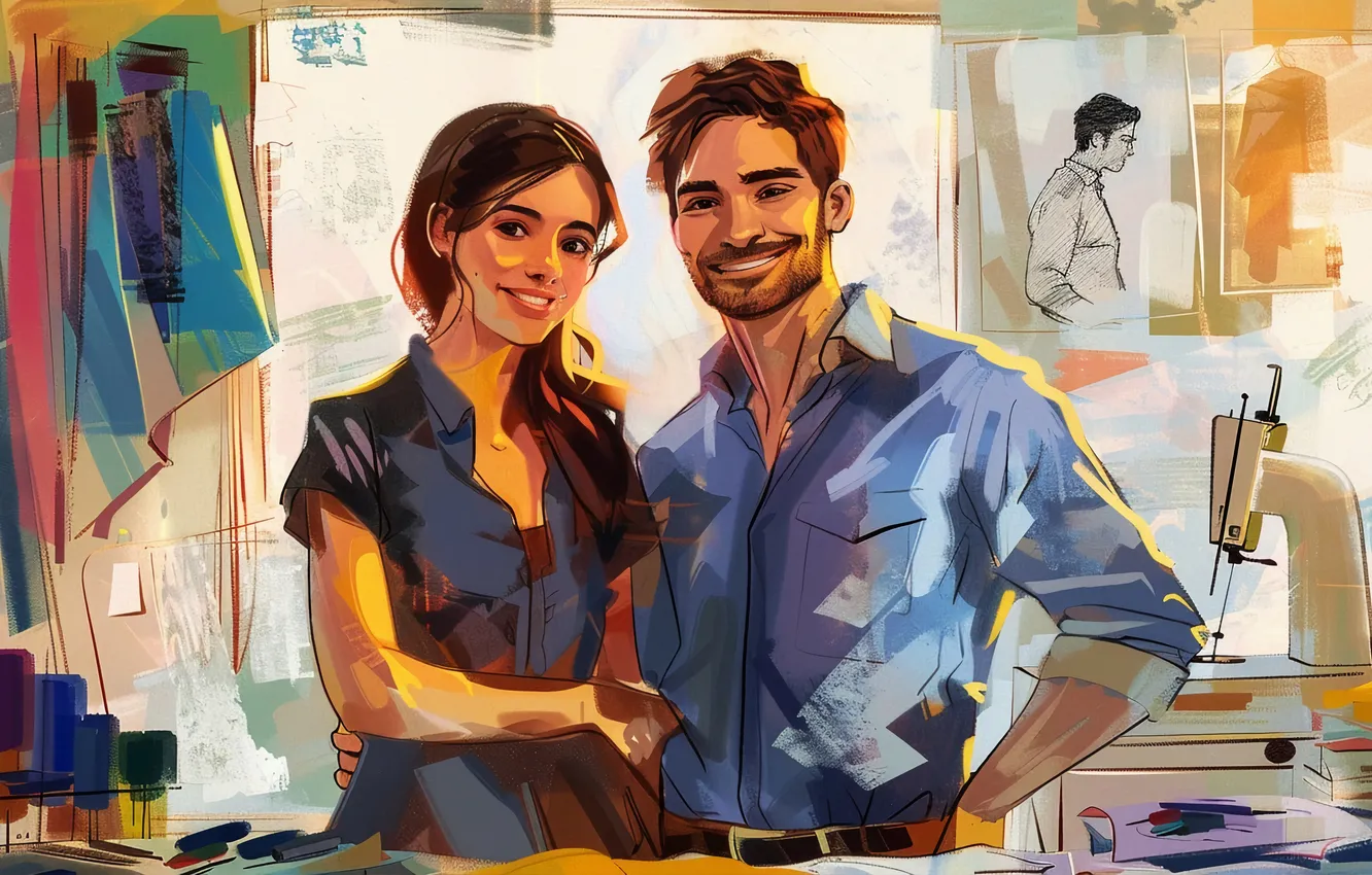 Photo wallpaper girl, smile, sketch, guy, two, designer, seamstress, digital art