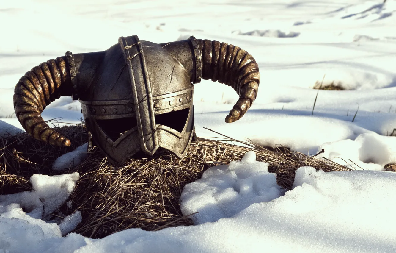 Photo wallpaper snow, horns, helmet, Skyrim, The Elder Scrolls, fragatsu