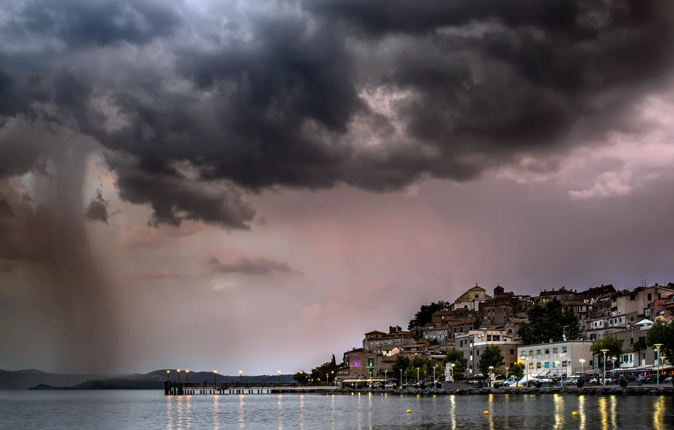 Photo wallpaper sea, the storm, clouds, the city, rain