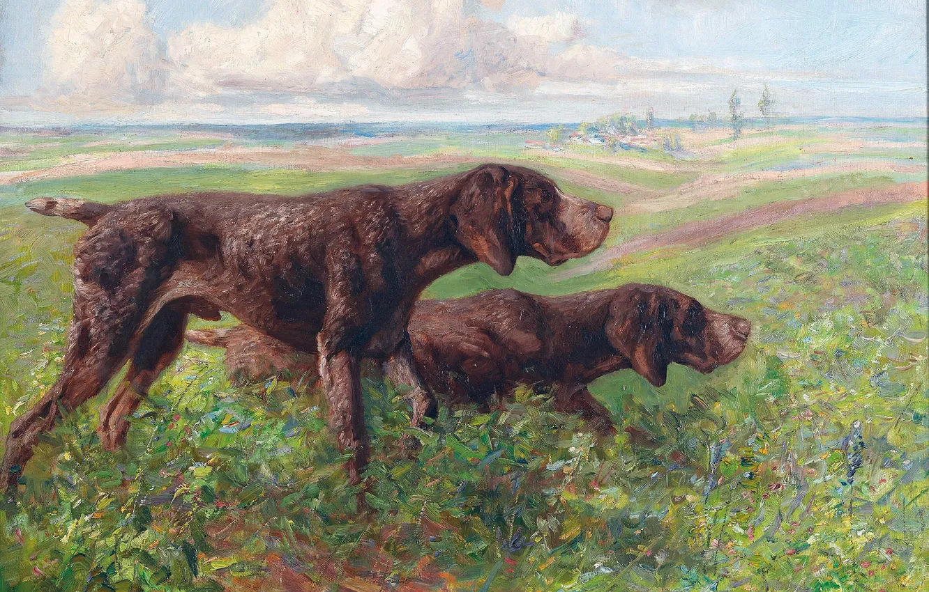 Photo wallpaper grass, dog, picture, two, pointer, German animal painter, Carl Ritter von Dombrowski, Karl Ritter von …