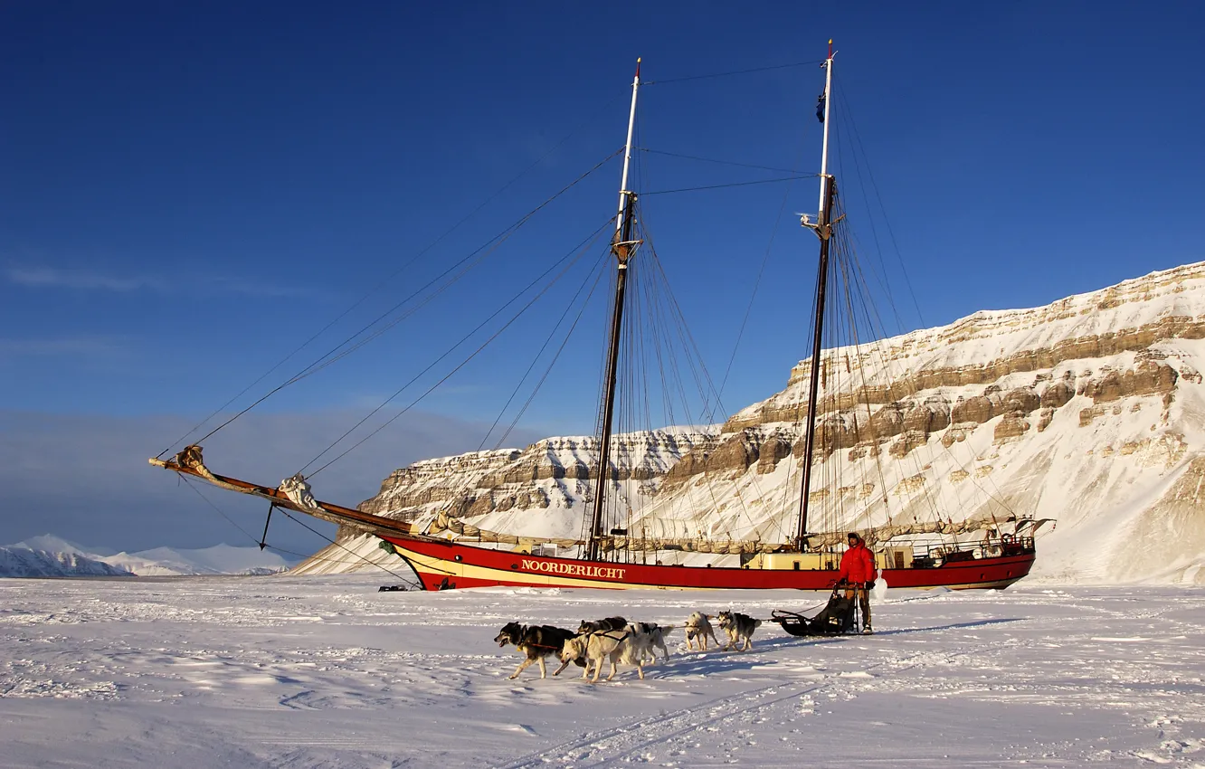 Photo wallpaper ice, people, ship, sailboat, dog, frost, sleigh