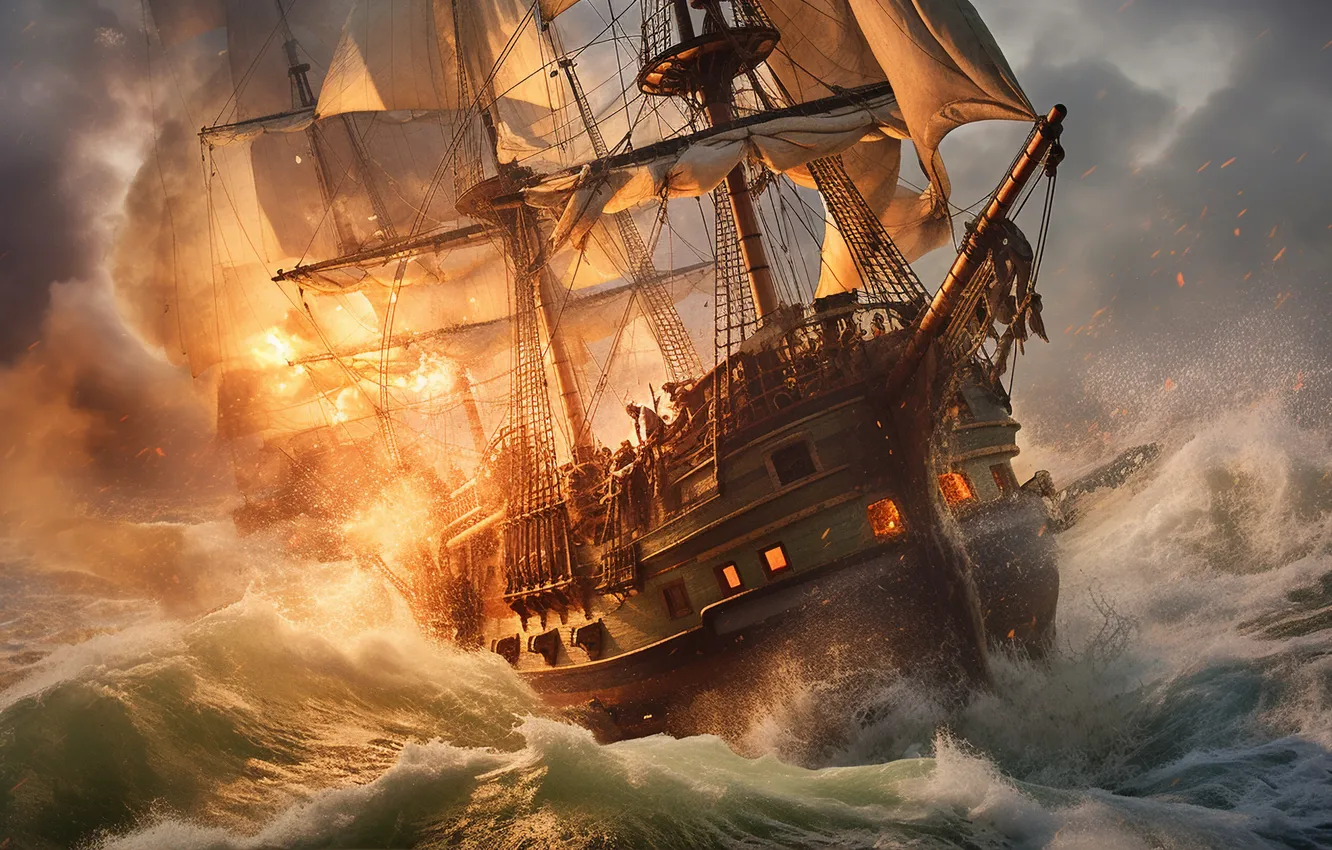 Photo wallpaper sea, wave, storm, fire, the wind, people, ship, sailboat
