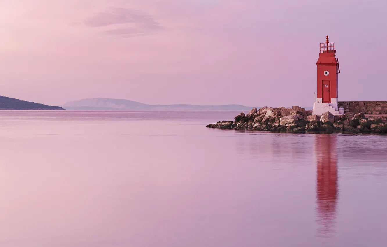 Photo wallpaper sea, morning, sunrise, dawn, lighthouse, Croatia, Adriatic Sea, Krk