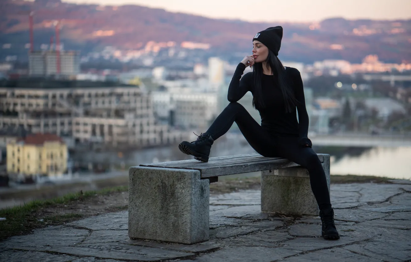 Photo wallpaper girl, pose, bench, cap, in black, Hanna, Martin Ecker