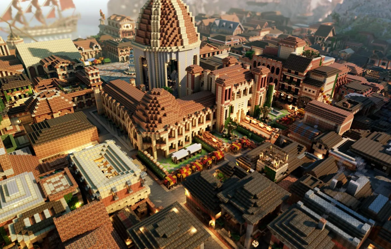 Photo wallpaper roof, sea, water, the city, street, ship, tower, home