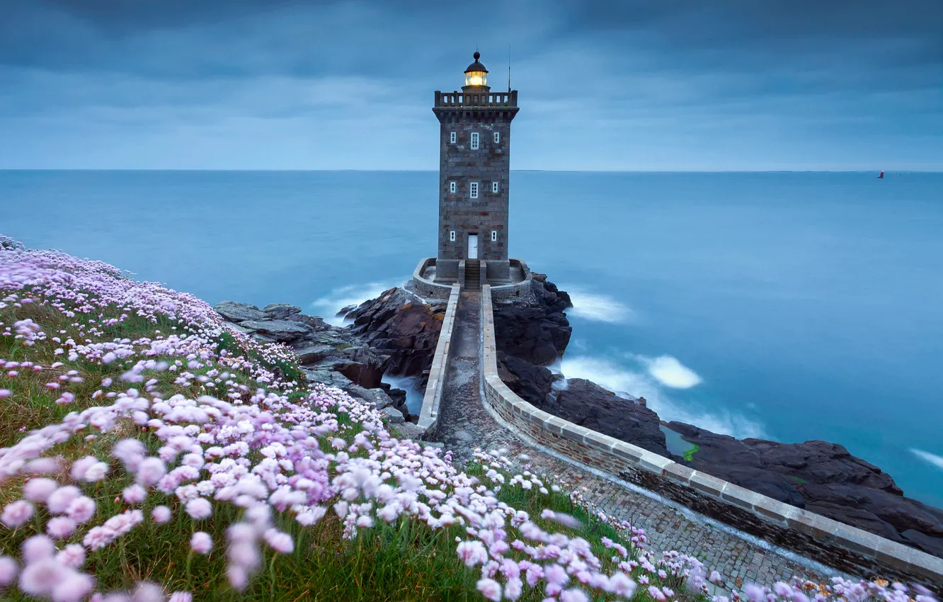 Photo wallpaper sea, flowers, rocks, shore, lighthouse