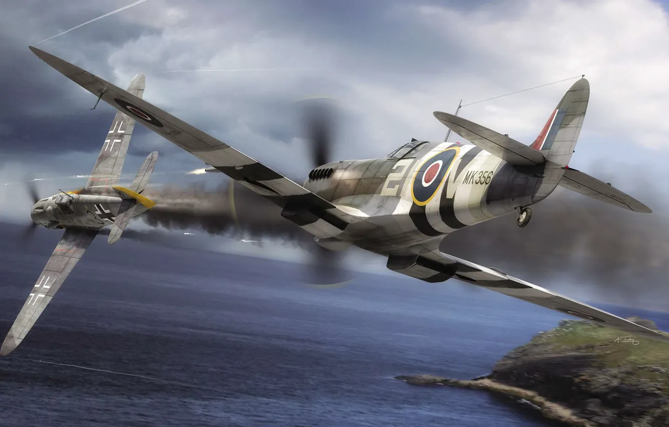 Photo wallpaper Messerschmitt, Air force, WW2, Royal Air Force, Painting, Dogfight, Spitfire F.Mk.IX, Bf.109G-6