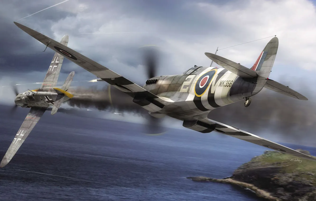 Photo wallpaper Messerschmitt, painting, Air force, WW2, Royal Air Force, dogfight, Spitfire F.Mk.IX, Bf.109G-6