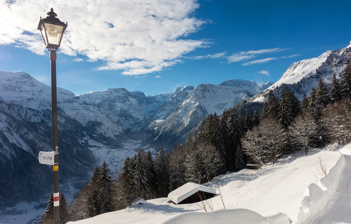 Photo wallpaper winter, forest, the sky, the sun, clouds, snow, trees, mountains