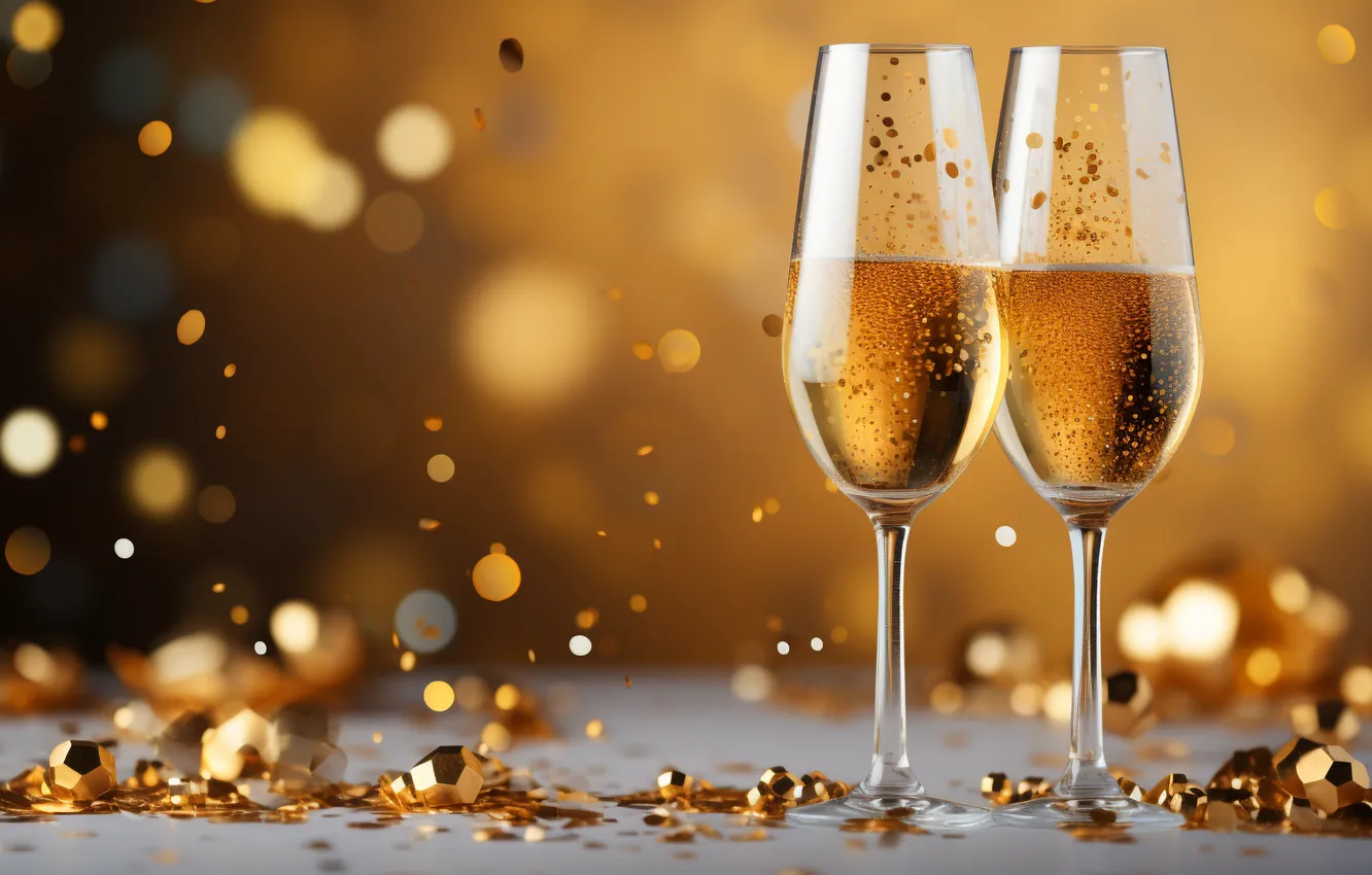 Photo wallpaper decoration, gold, balls, glass, new year, golden, champagne, Christmas