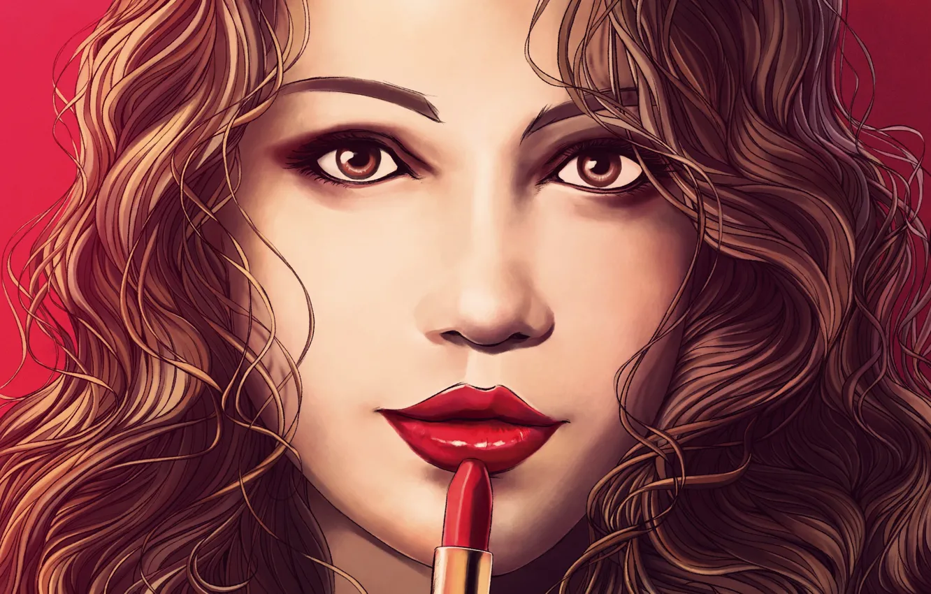 Photo wallpaper look, girl, face, hair, lipstick, art, painting, red lips