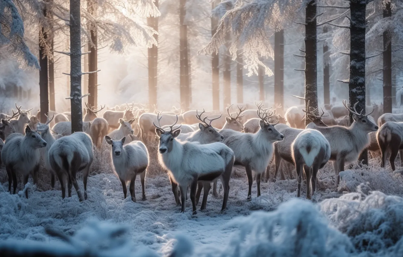 Photo wallpaper winter, frost, forest, snow, branches, nature, fog, deer