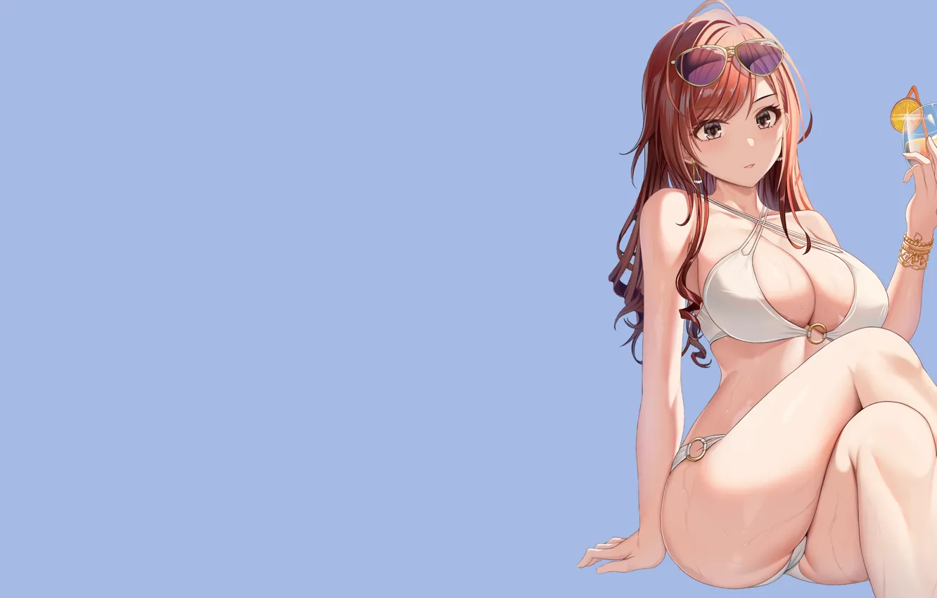 Photo wallpaper girl, hot, sexy, Anime, bikini, poolside, drinking