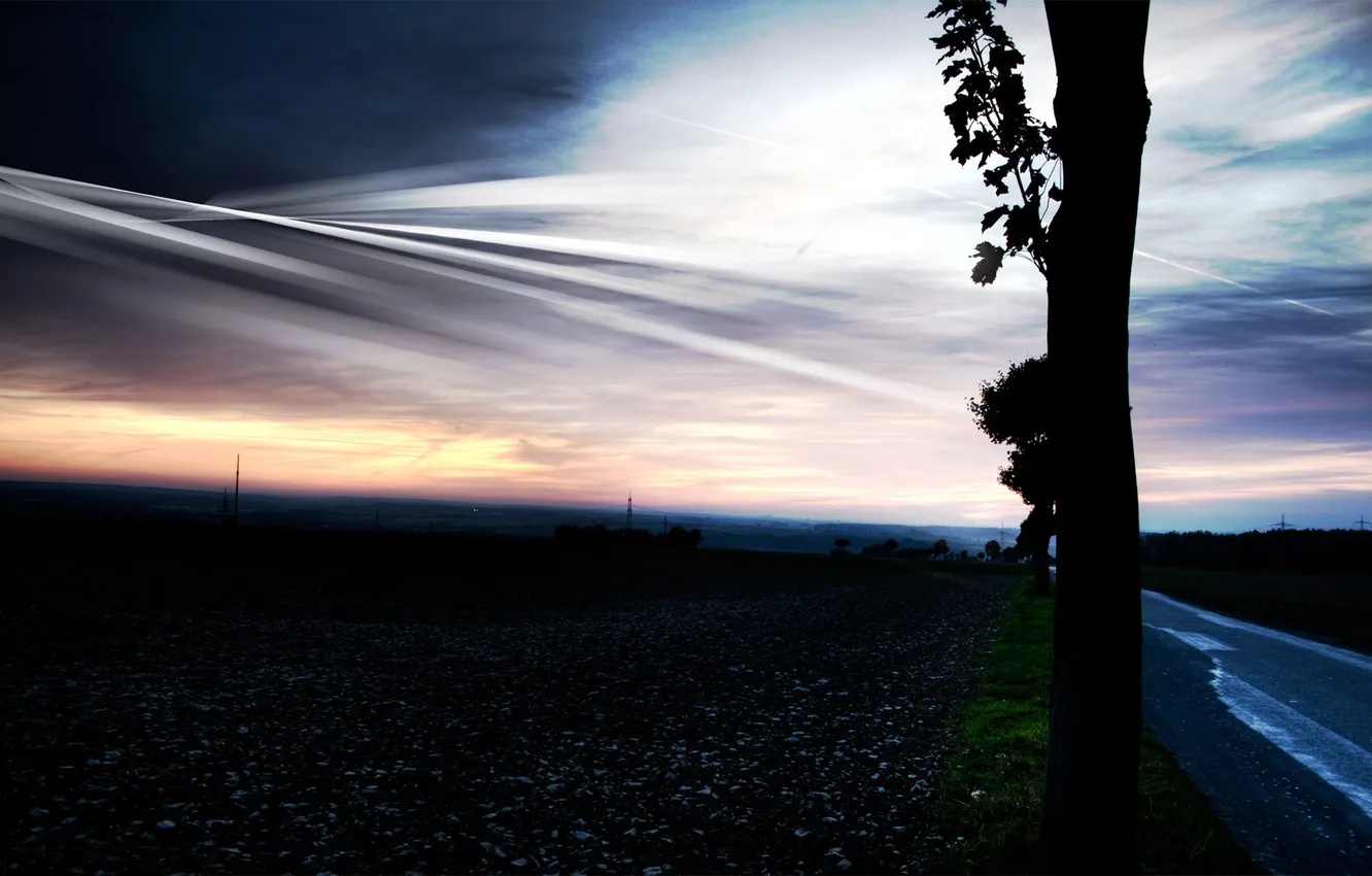 Photo wallpaper road, trees, the evening