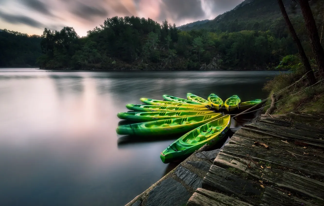 Photo wallpaper lake, boat, the evening