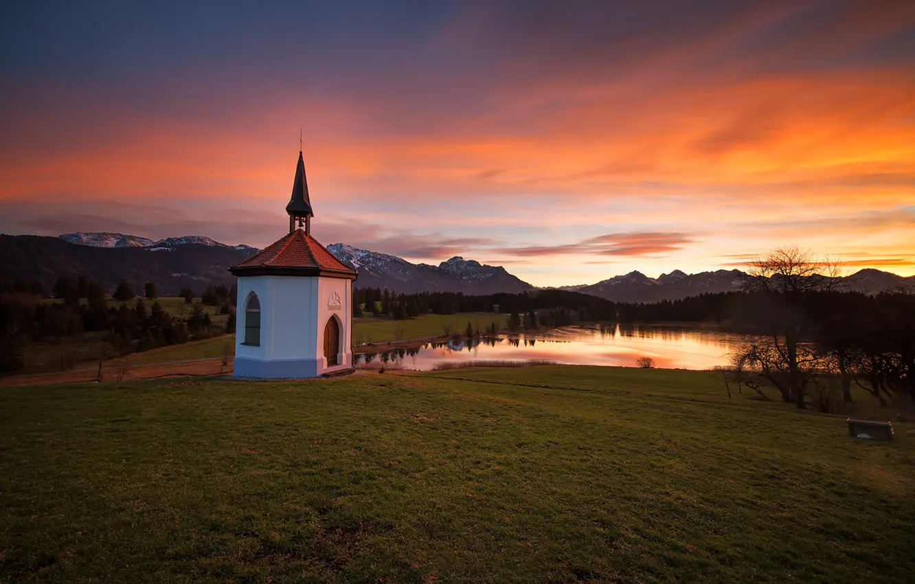 Photo wallpaper sunset, mountains, lake, Bayern, horizon, Church