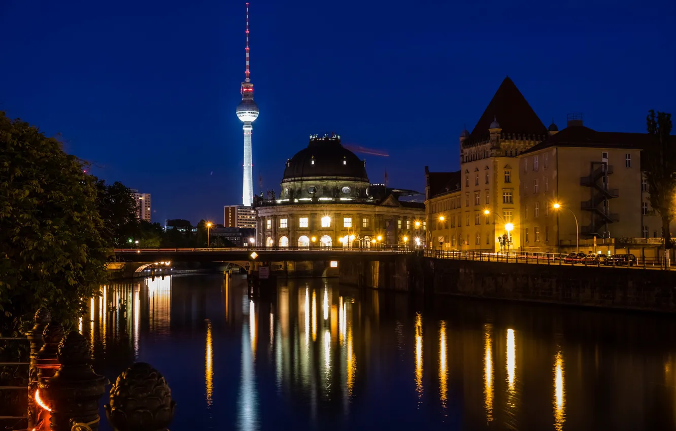 Photo wallpaper night, lights, reflection, tower, Germany, Berlin
