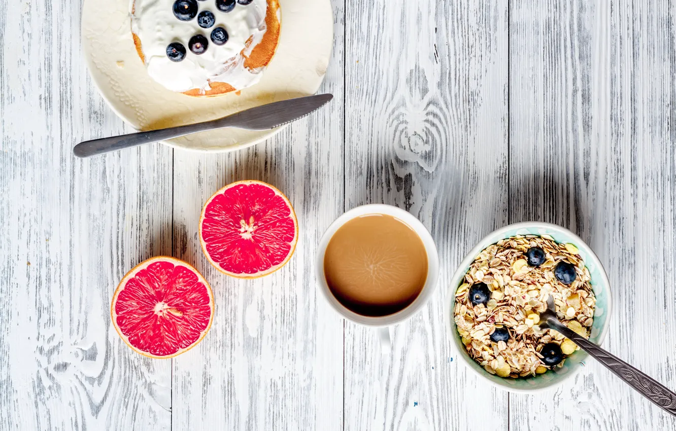 Photo wallpaper berries, Breakfast, blueberries, honey, pancakes, wood, grapefruit, breakfast
