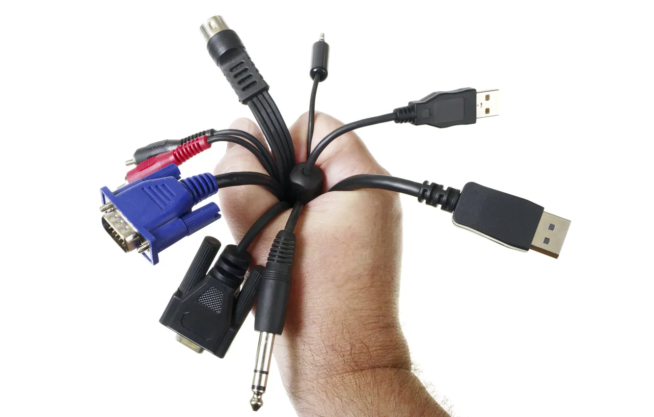 Photo wallpaper hand, cables, connectors