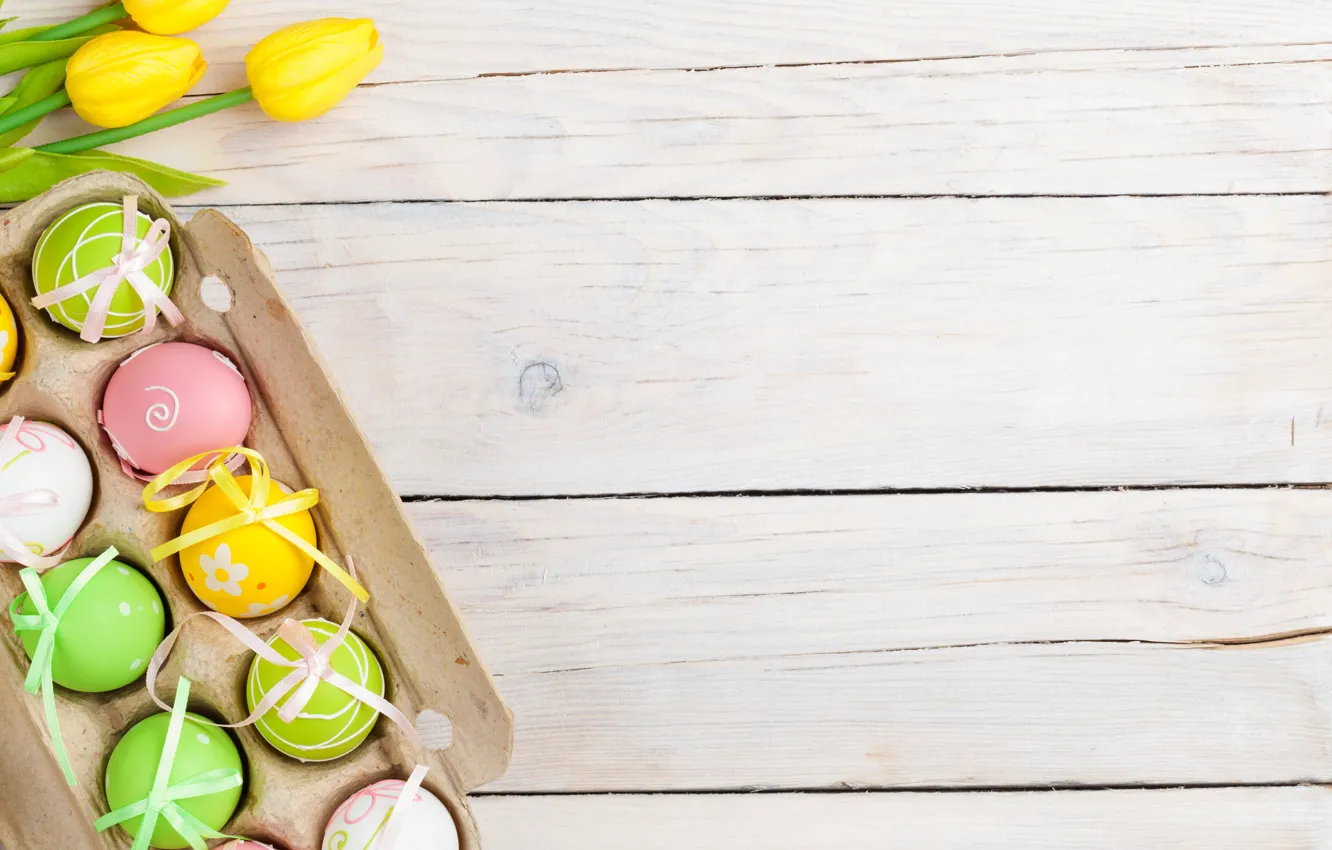 Photo wallpaper eggs, spring, colorful, Easter, tulips, wood, tulips, spring