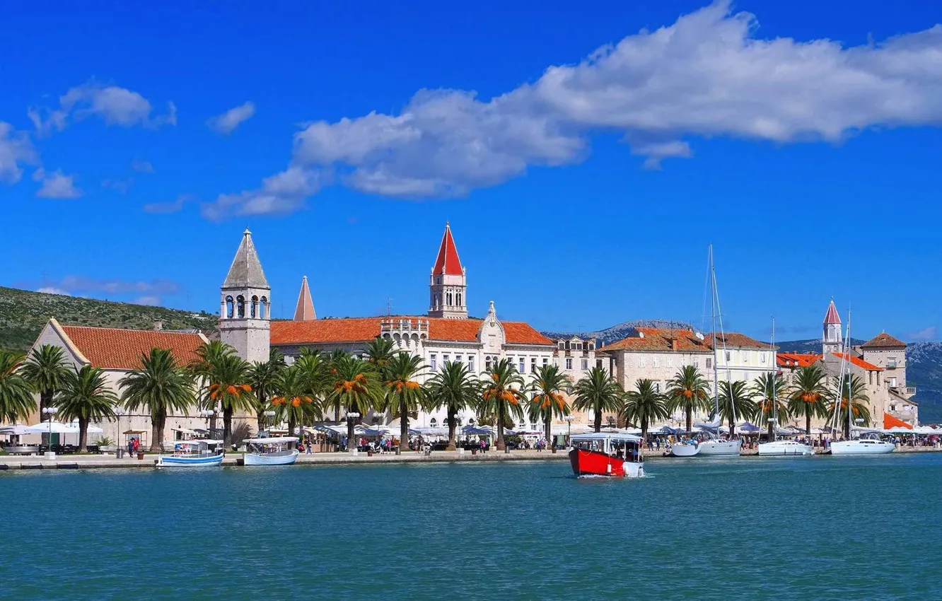 Photo wallpaper boat, Trogir, Croatia, Marina, the city, sea, promenade