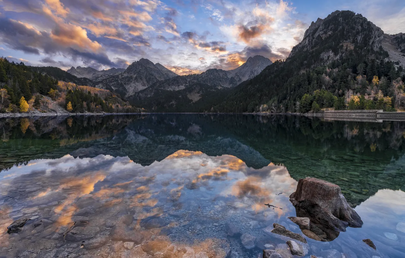 Photo wallpaper autumn, forest, mountains, lake, reflection, stones, shore, stump